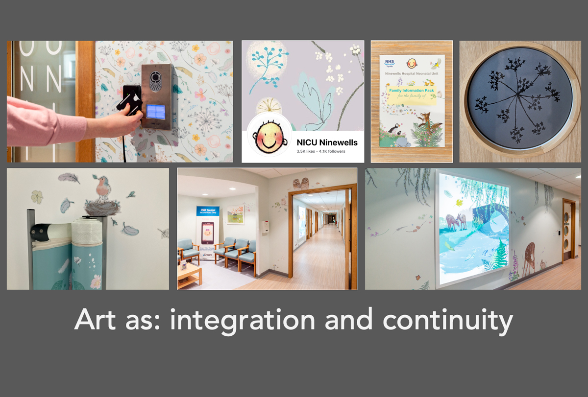 Seven images showing different ways art has been integrate into hospital design