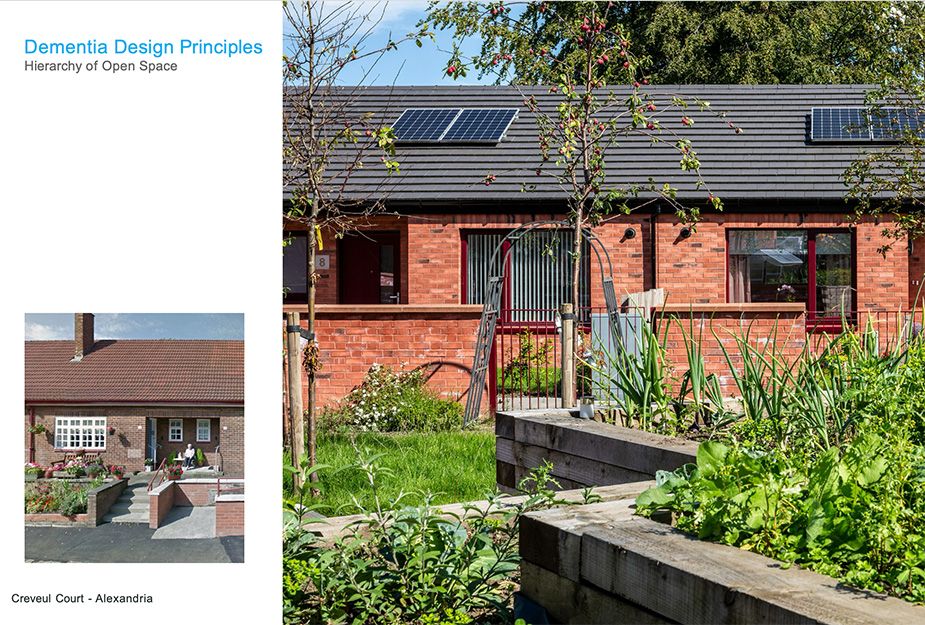 two images showing hierachy of open spaces at Creveul Court - small image show a woman sitting outside her front door, larger image shows a hoem and a garden in front