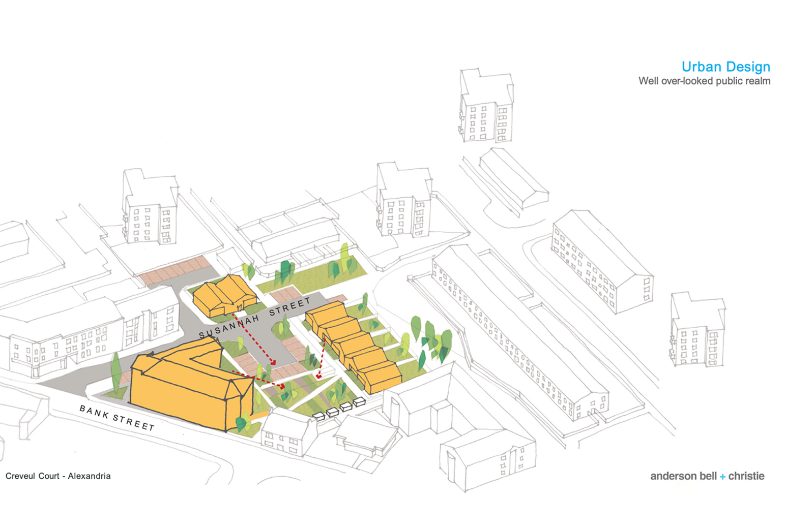 A three dimensional diagram of Creveul Court showing its situation in the surrounding area