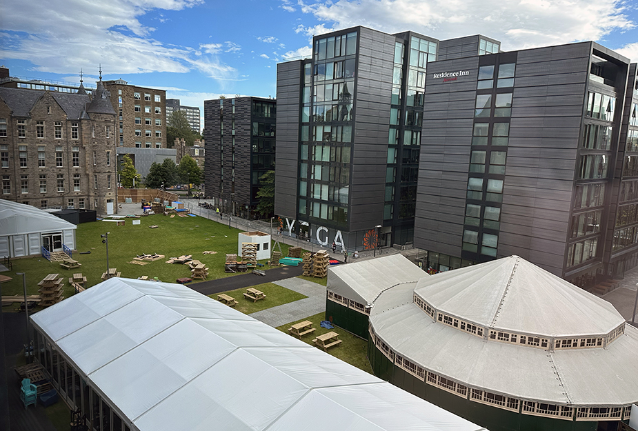 Partly built tents for the Edinburgh Book Festival on Edinburgh Futures Institute grounds.