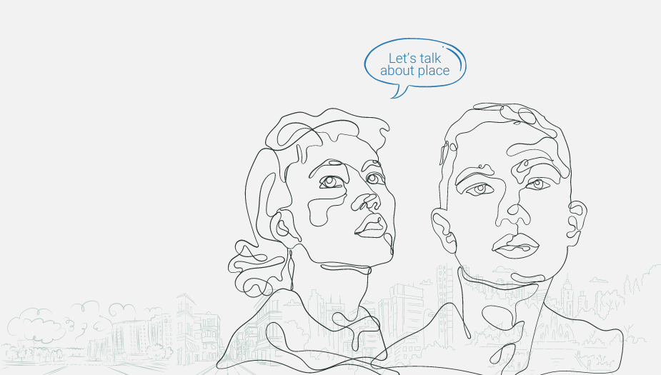 Podcast cover art shows line drawings of two people. One is saying 'Let's talk about place' in a speech bubble.