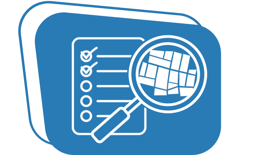 An icon of a magnifying glass with a map block in the centre and a checklist beside it.