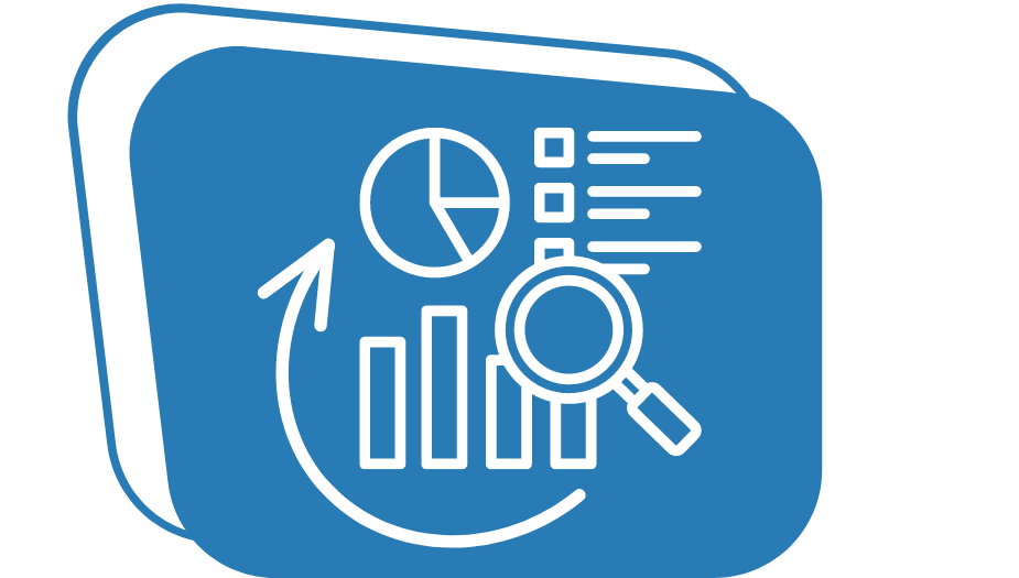 An icon with graphics, charts and a magnifying glass with an arrow partly circling around it.