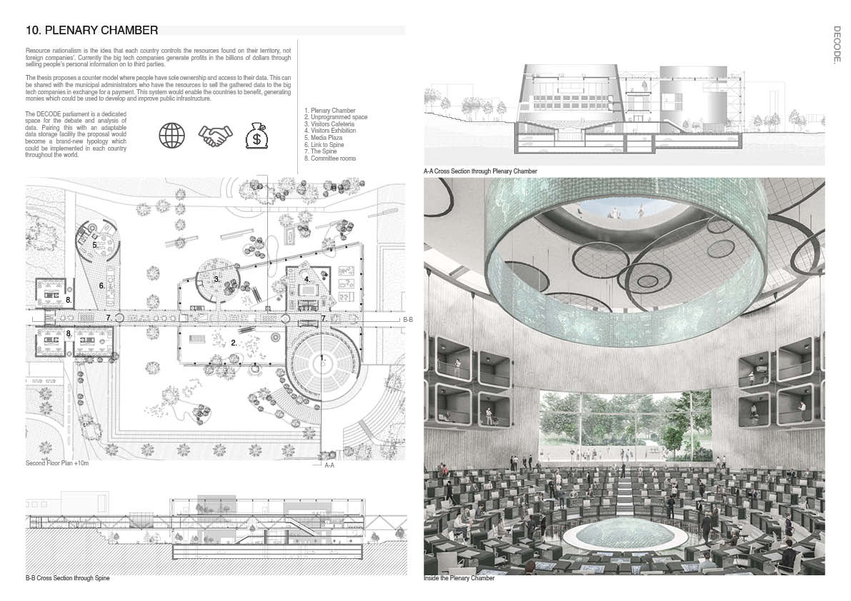 Interior rendering of Plenary Chamber from DECODE by 2024 Student Award winner Euan Clarke.