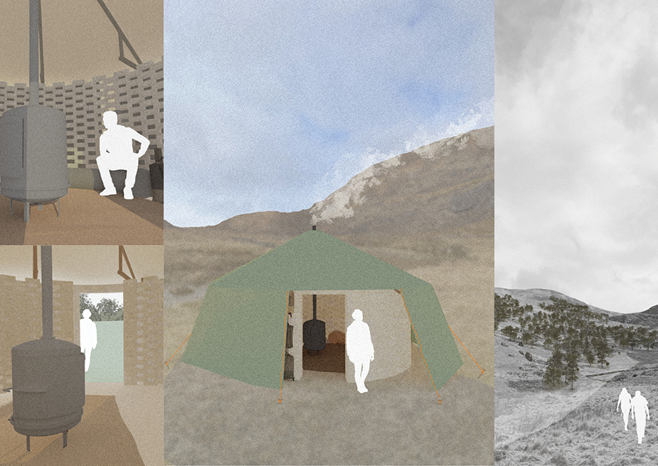 Rendering of the hut being used from the hidden network of mycelium by 2024 Student Award winner Ailsa Hutton