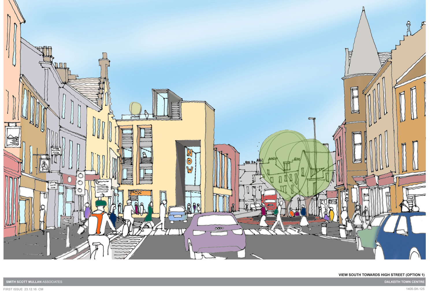 A coulourful drawing of the proposed regeneration of Dalkeith town center showing pedestrians, cyclists and cars 