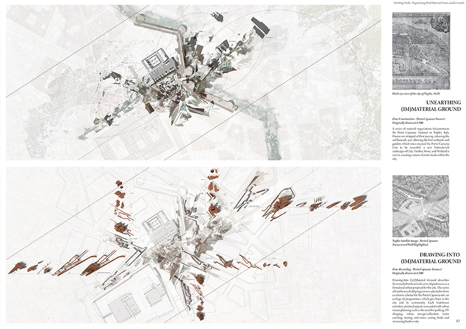 Aerial architectural rendering from the project Working Walls by 2024 Student Award winners Briony Potter and Isabelle Warren