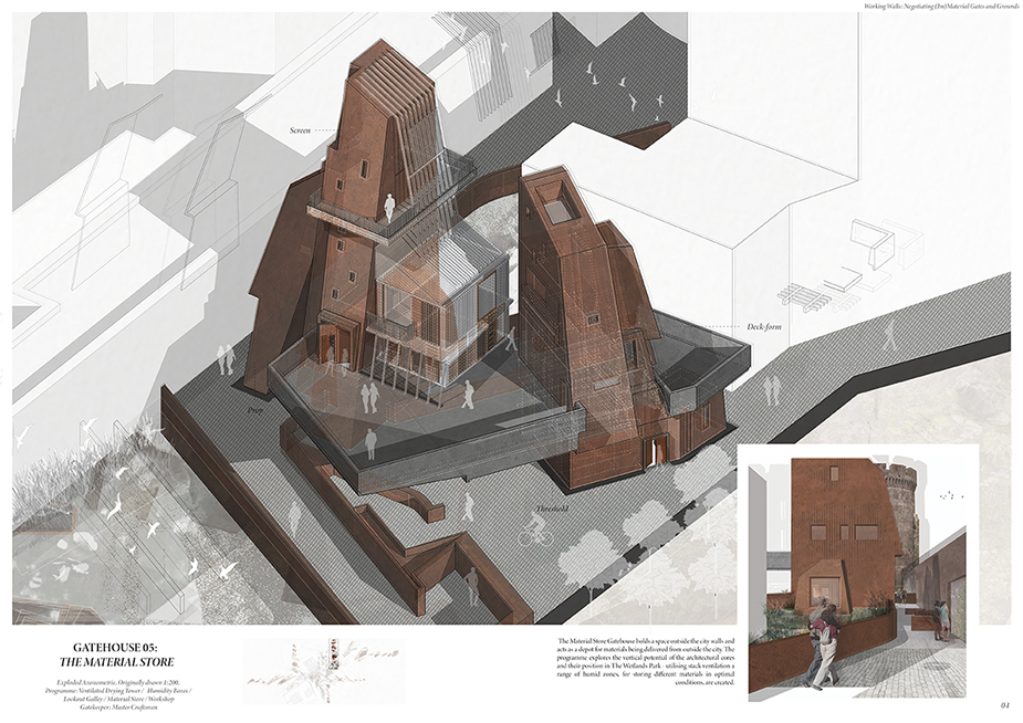 Architectural rendering of a building from the project Working Walls by 2024 Student Award winners Briony Potter and Isabelle Warren