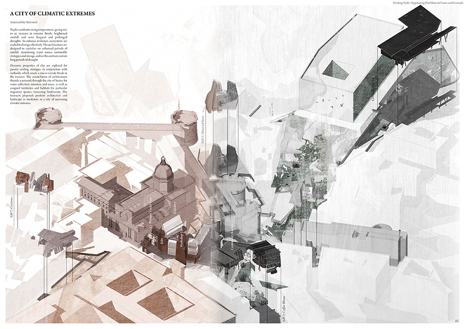 Architectural rendering of multiple buildings from the project Working Walls by 2024 Student Award winners Briony Potter and Isabelle Warren