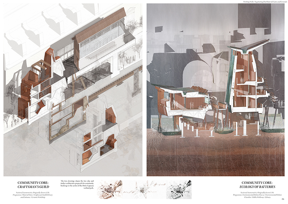 Architectural rendering of the craftsman's guild from the project Working Walls by 2024 Student Award winners Briony Potter and Isabelle Warren